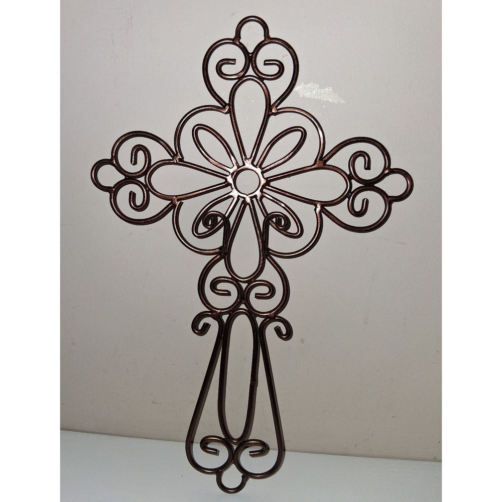 Vintage Copper Tone Metal Cross Plate Holder Wall Decor Scrollwork Religious